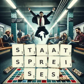 Kreative Illustration für ein Scrabble-Spiel, bei dem das Wort STAATSPREISES mit Steinen auf dem Brett gelegt wurde.