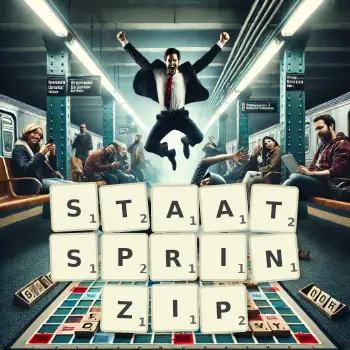 Kreative Illustration für ein Scrabble-Spiel, bei dem das Wort STAATSPRINZIP mit Steinen auf dem Brett gelegt wurde.