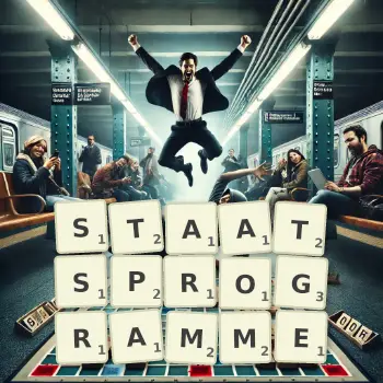 Kreative Illustration für ein Scrabble-Spiel, bei dem das Wort STAATSPROGRAMME mit Steinen auf dem Brett gelegt wurde.