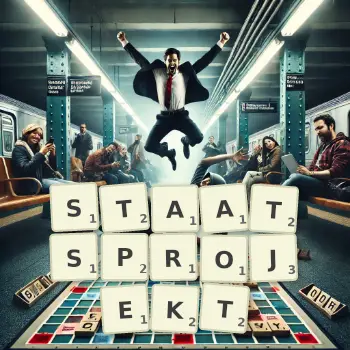 Kreative Illustration für ein Scrabble-Spiel, bei dem das Wort STAATSPROJEKT mit Steinen auf dem Brett gelegt wurde.