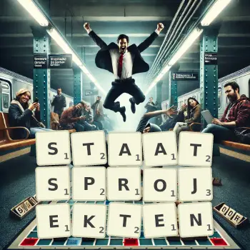 Kreative Illustration für ein Scrabble-Spiel, bei dem das Wort STAATSPROJEKTEN mit Steinen auf dem Brett gelegt wurde.