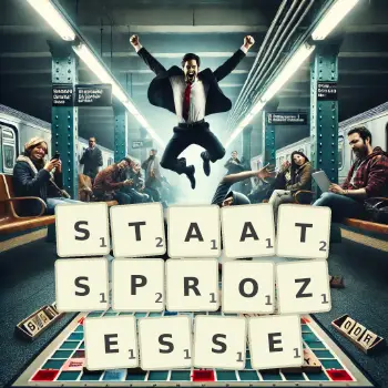 Kreative Illustration für ein Scrabble-Spiel, bei dem das Wort STAATSPROZESSE mit Steinen auf dem Brett gelegt wurde.