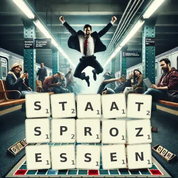 Kreative Illustration für ein Scrabble-Spiel, bei dem das Wort STAATSPROZESSEN mit Steinen auf dem Brett gelegt wurde.
