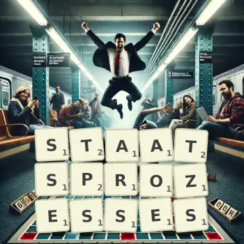 Kreative Illustration für ein Scrabble-Spiel, bei dem das Wort STAATSPROZESSES mit Steinen auf dem Brett gelegt wurde.