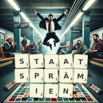 Kreative Illustration für ein Scrabble-Spiel, bei dem das Wort STAATSPRÄMIEN mit Steinen auf dem Brett gelegt wurde.