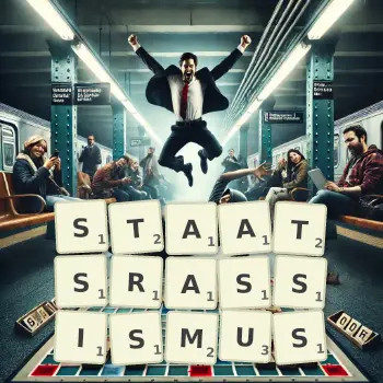 Kreative Illustration für ein Scrabble-Spiel, bei dem das Wort STAATSRASSISMUS mit Steinen auf dem Brett gelegt wurde.