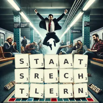 Kreative Illustration für ein Scrabble-Spiel, bei dem das Wort STAATSRECHTLERN mit Steinen auf dem Brett gelegt wurde.