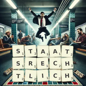 Kreative Illustration für ein Scrabble-Spiel, bei dem das Wort STAATSRECHTLICH mit Steinen auf dem Brett gelegt wurde.