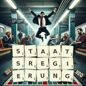 Kreative Illustration für ein Scrabble-Spiel, bei dem das Wort STAATSREGIERUNG mit Steinen auf dem Brett gelegt wurde.