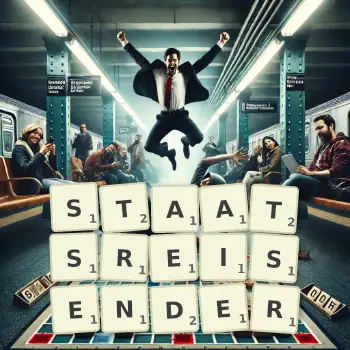 Kreative Illustration für ein Scrabble-Spiel, bei dem das Wort STAATSREISENDER mit Steinen auf dem Brett gelegt wurde.