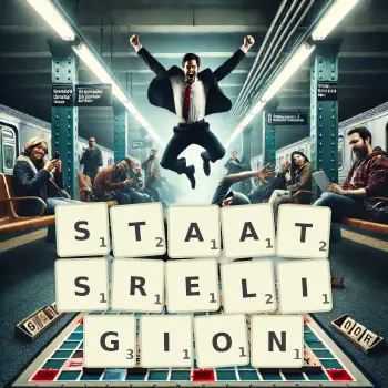 Kreative Illustration für ein Scrabble-Spiel, bei dem das Wort STAATSRELIGION mit Steinen auf dem Brett gelegt wurde.