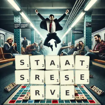 Kreative Illustration für ein Scrabble-Spiel, bei dem das Wort STAATSRESERVE mit Steinen auf dem Brett gelegt wurde.