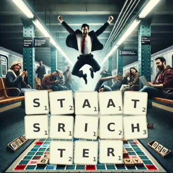 Kreative Illustration für ein Scrabble-Spiel, bei dem das Wort STAATSRICHTER mit Steinen auf dem Brett gelegt wurde.