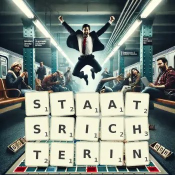 Kreative Illustration für ein Scrabble-Spiel, bei dem das Wort STAATSRICHTERIN mit Steinen auf dem Brett gelegt wurde.