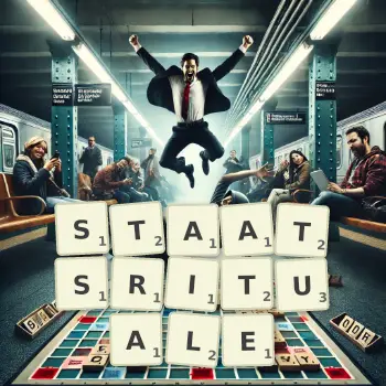 Kreative Illustration für ein Scrabble-Spiel, bei dem das Wort STAATSRITUALE mit Steinen auf dem Brett gelegt wurde.