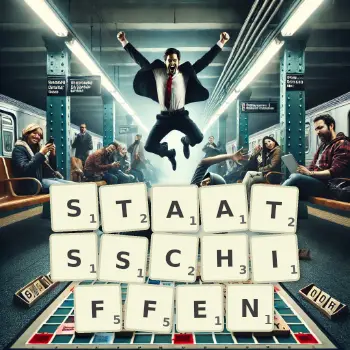 Kreative Illustration für ein Scrabble-Spiel, bei dem das Wort STAATSSCHIFFEN mit Steinen auf dem Brett gelegt wurde.