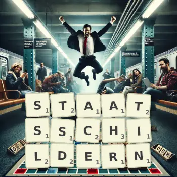 Kreative Illustration für ein Scrabble-Spiel, bei dem das Wort STAATSSCHILDERN mit Steinen auf dem Brett gelegt wurde.
