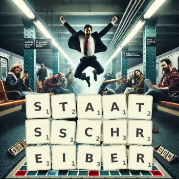 Kreative Illustration für ein Scrabble-Spiel, bei dem das Wort STAATSSCHREIBER mit Steinen auf dem Brett gelegt wurde.