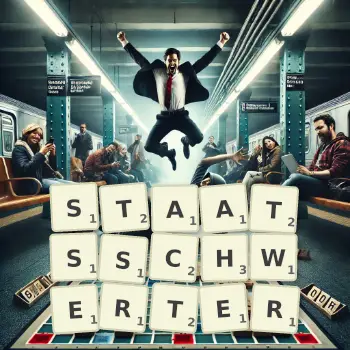Kreative Illustration für ein Scrabble-Spiel, bei dem das Wort STAATSSCHWERTER mit Steinen auf dem Brett gelegt wurde.