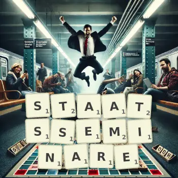 Kreative Illustration für ein Scrabble-Spiel, bei dem das Wort STAATSSEMINARE mit Steinen auf dem Brett gelegt wurde.