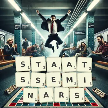 Kreative Illustration für ein Scrabble-Spiel, bei dem das Wort STAATSSEMINARS mit Steinen auf dem Brett gelegt wurde.