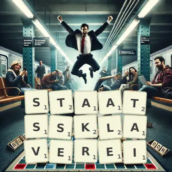 Kreative Illustration für ein Scrabble-Spiel, bei dem das Wort STAATSSKLAVEREI mit Steinen auf dem Brett gelegt wurde.