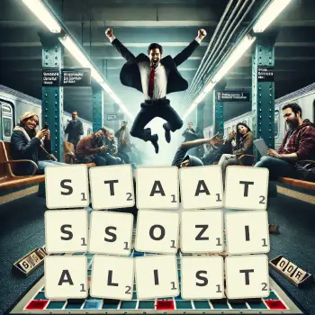 Kreative Illustration für ein Scrabble-Spiel, bei dem das Wort STAATSSOZIALIST mit Steinen auf dem Brett gelegt wurde.