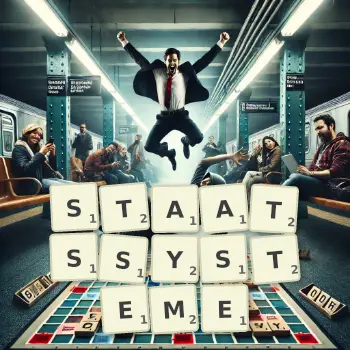 Kreative Illustration für ein Scrabble-Spiel, bei dem das Wort STAATSSYSTEME mit Steinen auf dem Brett gelegt wurde.