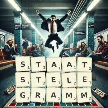 Kreative Illustration für ein Scrabble-Spiel, bei dem das Wort STAATSTELEGRAMM mit Steinen auf dem Brett gelegt wurde.