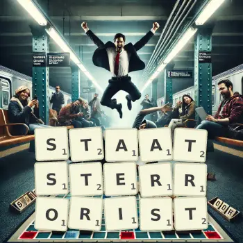 Kreative Illustration für ein Scrabble-Spiel, bei dem das Wort STAATSTERRORIST mit Steinen auf dem Brett gelegt wurde.