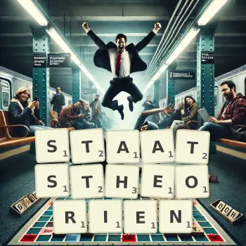 Kreative Illustration für ein Scrabble-Spiel, bei dem das Wort STAATSTHEORIEN mit Steinen auf dem Brett gelegt wurde.