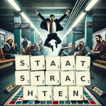 Kreative Illustration für ein Scrabble-Spiel, bei dem das Wort STAATSTRACHTEN mit Steinen auf dem Brett gelegt wurde.