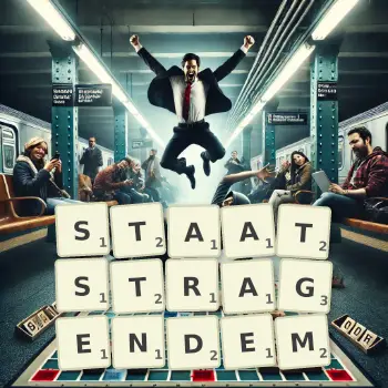 Kreative Illustration für ein Scrabble-Spiel, bei dem das Wort STAATSTRAGENDEM mit Steinen auf dem Brett gelegt wurde.