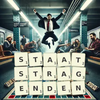 Kreative Illustration für ein Scrabble-Spiel, bei dem das Wort STAATSTRAGENDEN mit Steinen auf dem Brett gelegt wurde.
