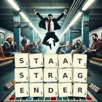 Kreative Illustration für ein Scrabble-Spiel, bei dem das Wort STAATSTRAGENDER mit Steinen auf dem Brett gelegt wurde.