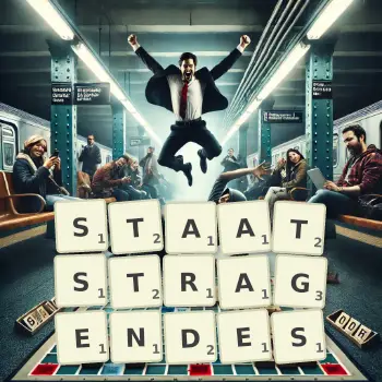 Kreative Illustration für ein Scrabble-Spiel, bei dem das Wort STAATSTRAGENDES mit Steinen auf dem Brett gelegt wurde.