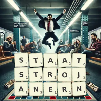Kreative Illustration für ein Scrabble-Spiel, bei dem das Wort STAATSTROJANERN mit Steinen auf dem Brett gelegt wurde.