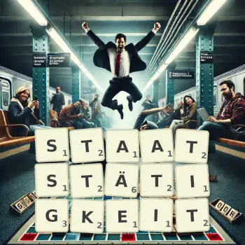 Kreative Illustration für ein Scrabble-Spiel, bei dem das Wort STAATSTÄTIGKEIT mit Steinen auf dem Brett gelegt wurde.