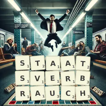 Kreative Illustration für ein Scrabble-Spiel, bei dem das Wort STAATSVERBRAUCH mit Steinen auf dem Brett gelegt wurde.