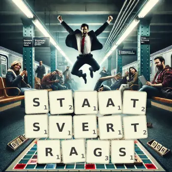 Kreative Illustration für ein Scrabble-Spiel, bei dem das Wort STAATSVERTRAGS mit Steinen auf dem Brett gelegt wurde.