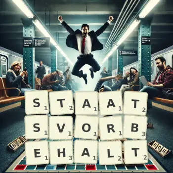 Kreative Illustration für ein Scrabble-Spiel, bei dem das Wort STAATSVORBEHALT mit Steinen auf dem Brett gelegt wurde.