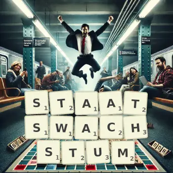 Kreative Illustration für ein Scrabble-Spiel, bei dem das Wort STAATSWACHSTUM mit Steinen auf dem Brett gelegt wurde.