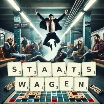 Kreative Illustration für ein Scrabble-Spiel, bei dem das Wort STAATSWAGEN mit Steinen auf dem Brett gelegt wurde.