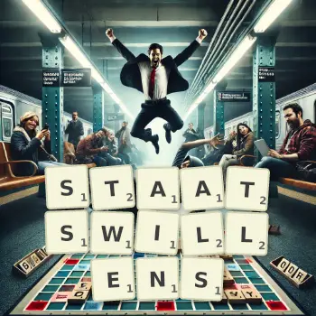 Kreative Illustration für ein Scrabble-Spiel, bei dem das Wort STAATSWILLENS mit Steinen auf dem Brett gelegt wurde.