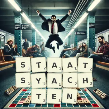 Kreative Illustration für ein Scrabble-Spiel, bei dem das Wort STAATSYACHTEN mit Steinen auf dem Brett gelegt wurde.