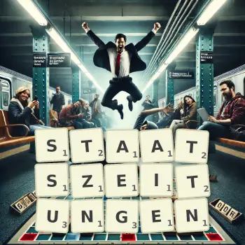 Kreative Illustration für ein Scrabble-Spiel, bei dem das Wort STAATSZEITUNGEN mit Steinen auf dem Brett gelegt wurde.