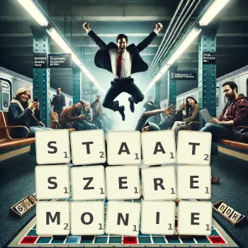 Kreative Illustration für ein Scrabble-Spiel, bei dem das Wort STAATSZEREMONIE mit Steinen auf dem Brett gelegt wurde.