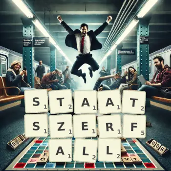 Kreative Illustration für ein Scrabble-Spiel, bei dem das Wort STAATSZERFALL mit Steinen auf dem Brett gelegt wurde.