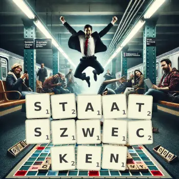 Kreative Illustration für ein Scrabble-Spiel, bei dem das Wort STAATSZWECKEN mit Steinen auf dem Brett gelegt wurde.