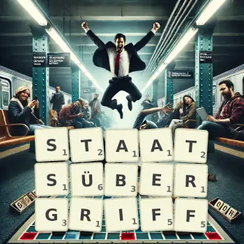 Kreative Illustration für ein Scrabble-Spiel, bei dem das Wort STAATSÜBERGRIFF mit Steinen auf dem Brett gelegt wurde.